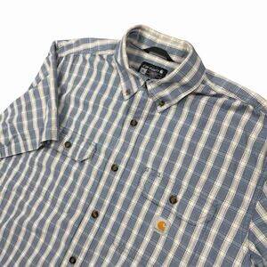 Carhartt Plaid Button Up Shirt Men XL Blue White Short Sleeve Loose Fit Workwear